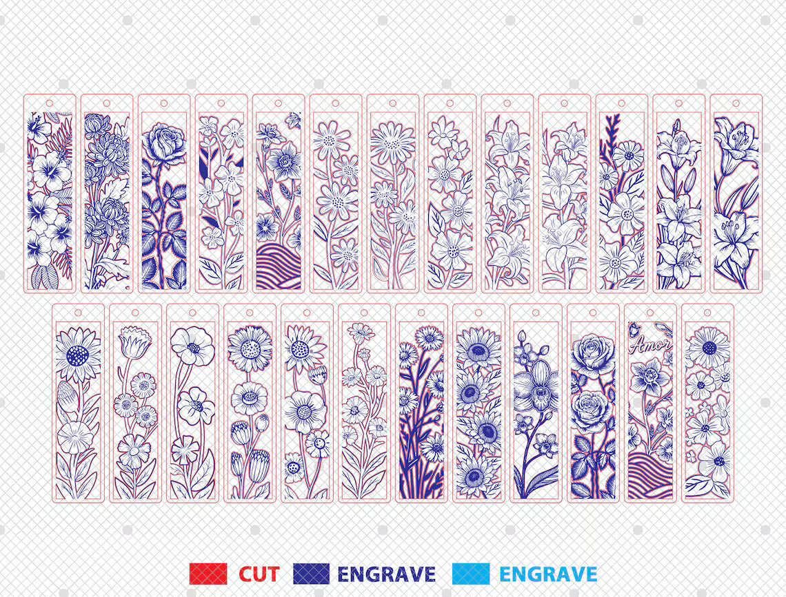 Set of floral design templates with 'Cut', 'Engrave', and 'Engrave' text on a white background.
